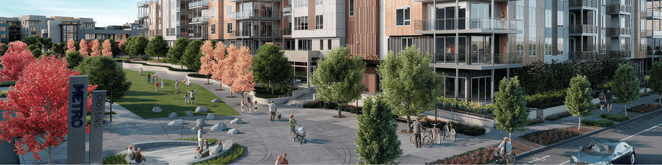 People walking in urban residential area